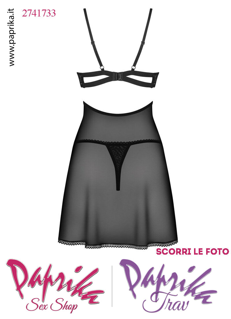 Baby Doll Chemise Sexy Svasato Tulle Pizzo Ferretto Perizoma