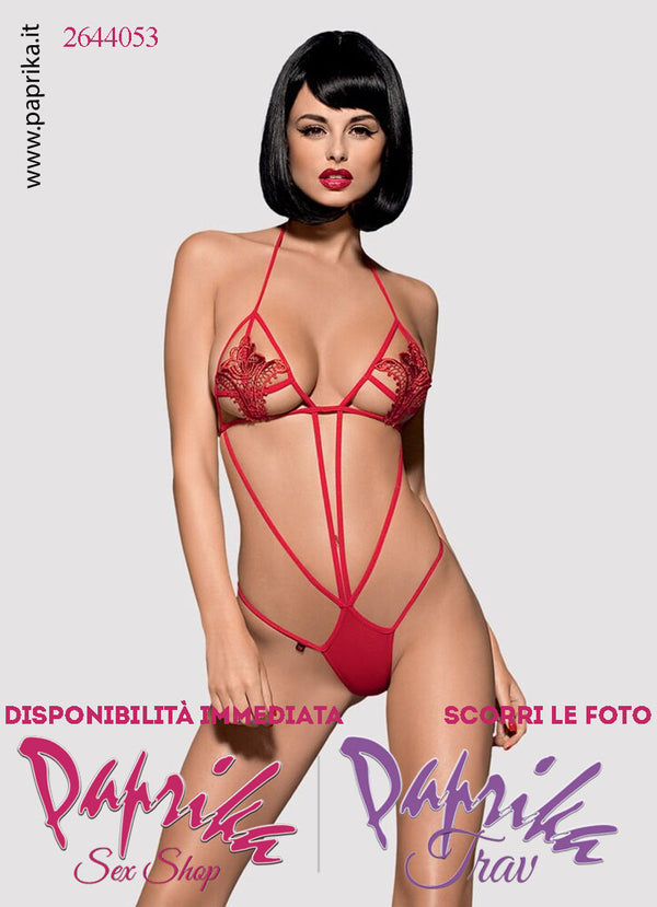 Body Sexy Total Nude Rosso Pizzo Sul Seno Schiena Nuda String Posteriore