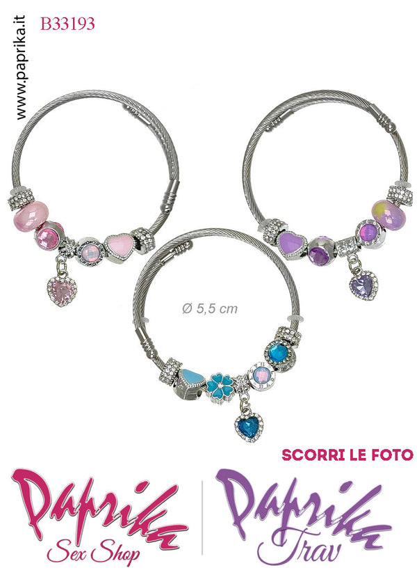 Braccialetto Bigiotteria Metallo Apribile Molla Cuore Strass Pendente