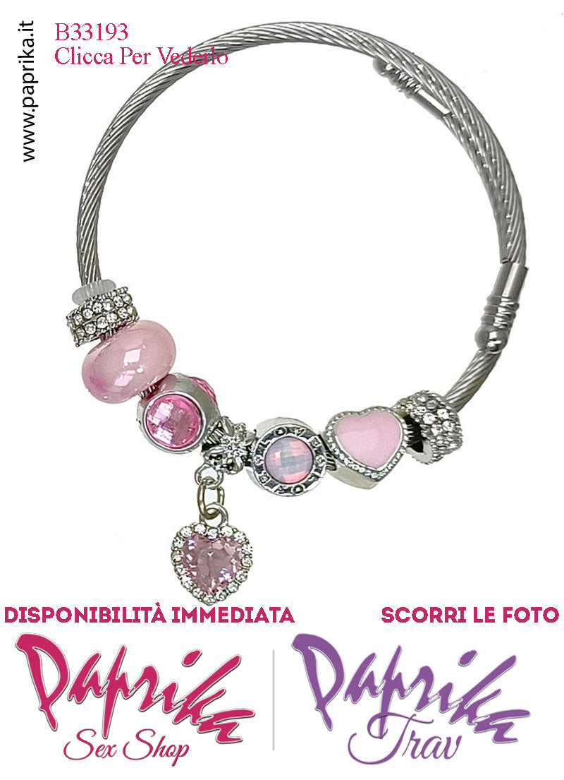 Braccialetto Bigiotteria Metallo Apribile Molla Cuore Strass Pendente