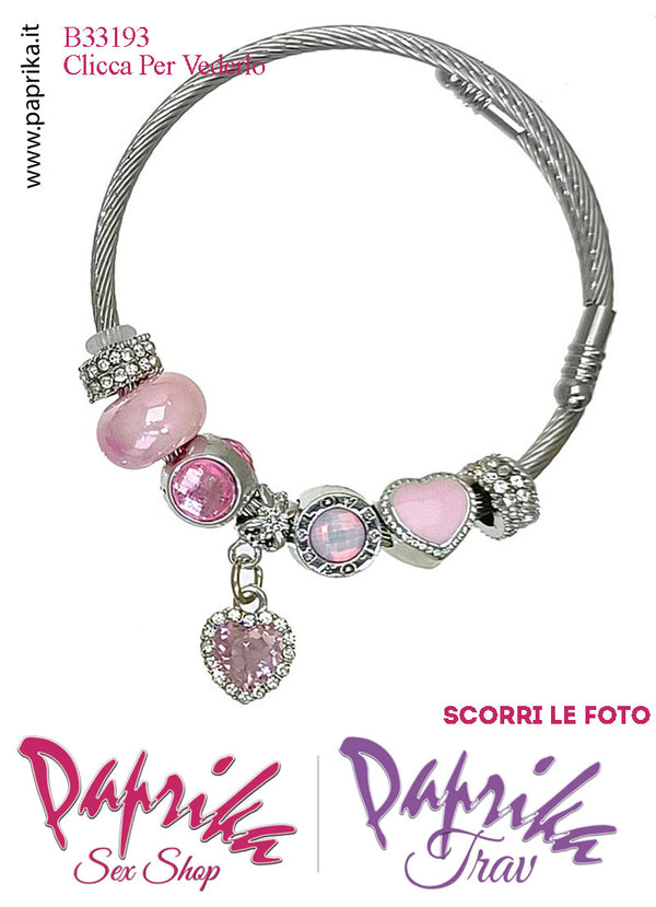 Braccialetto Bigiotteria Metallo Apribile Molla Cuore Strass Pendente