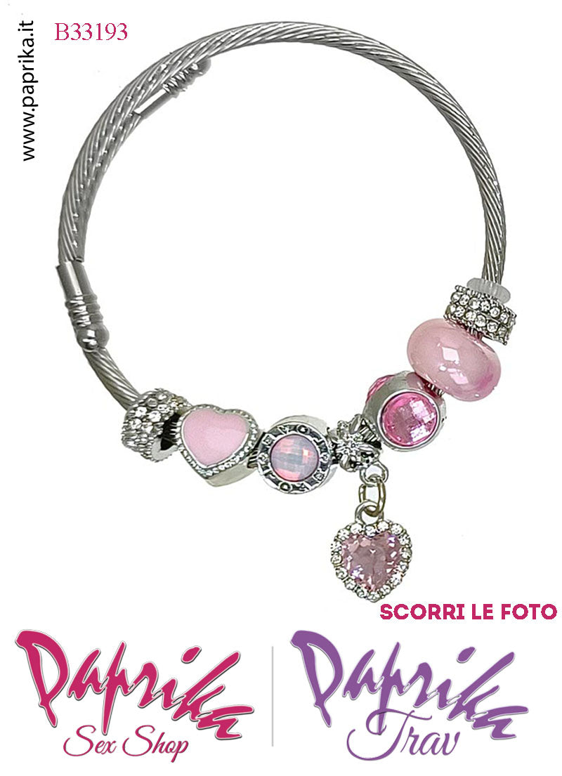 Braccialetto Bigiotteria Metallo Apribile Molla Cuore Strass Pendente