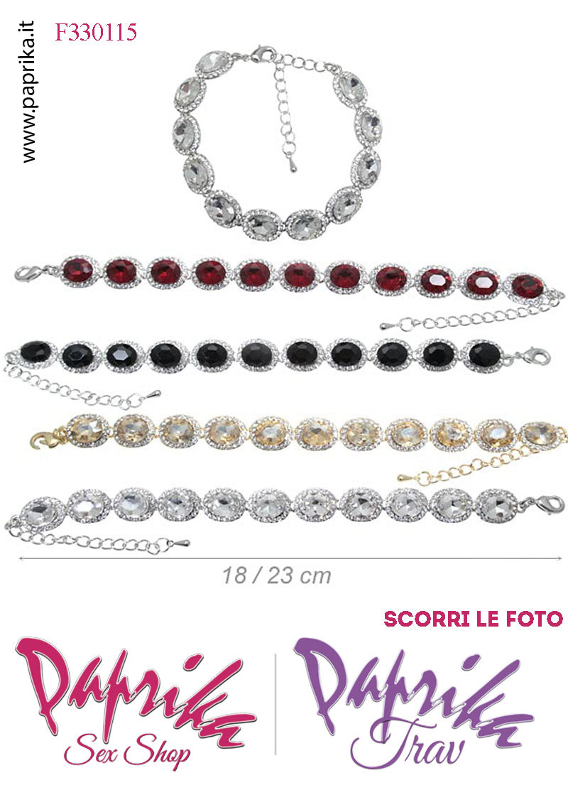 Braccialetto Bigiotteria Metallo Strass Rossi Ovali Catenella Regolabile