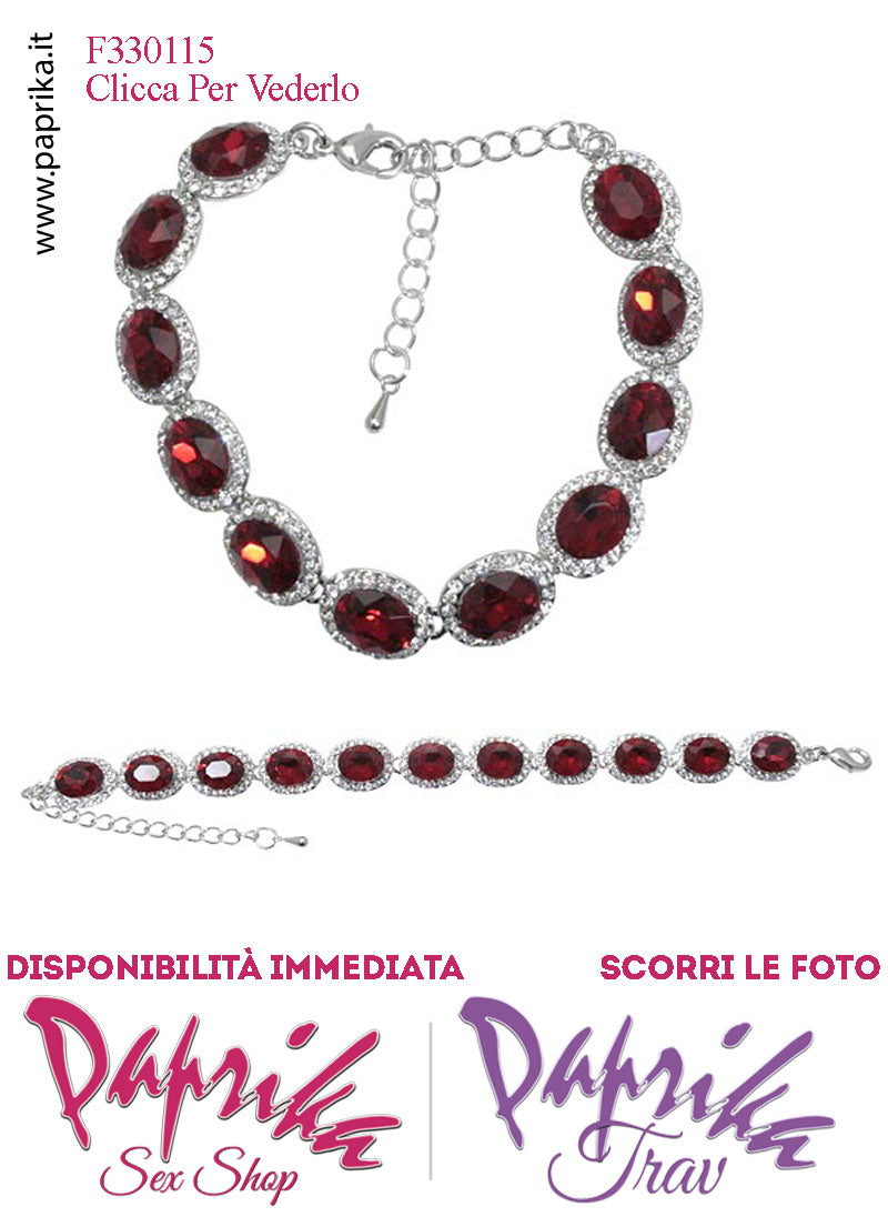 Braccialetto Bigiotteria Metallo Strass Rossi Ovali Catenella Regolabile