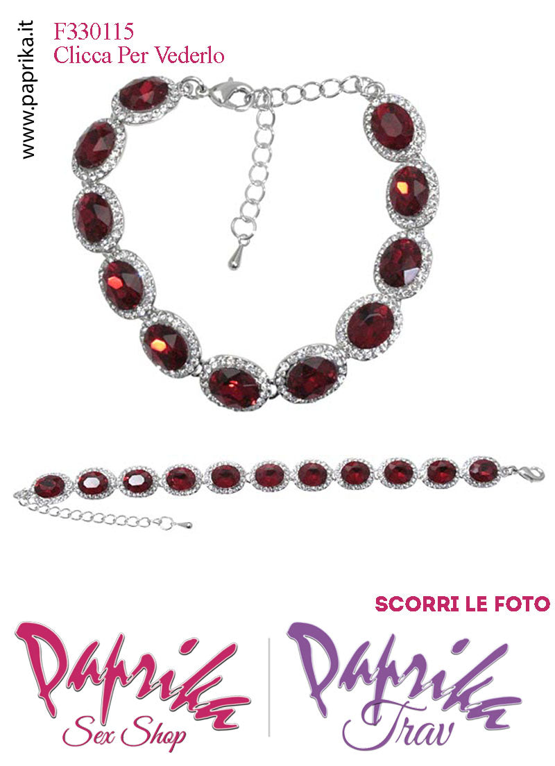 Braccialetto Bigiotteria Metallo Strass Rossi Ovali Catenella Regolabile