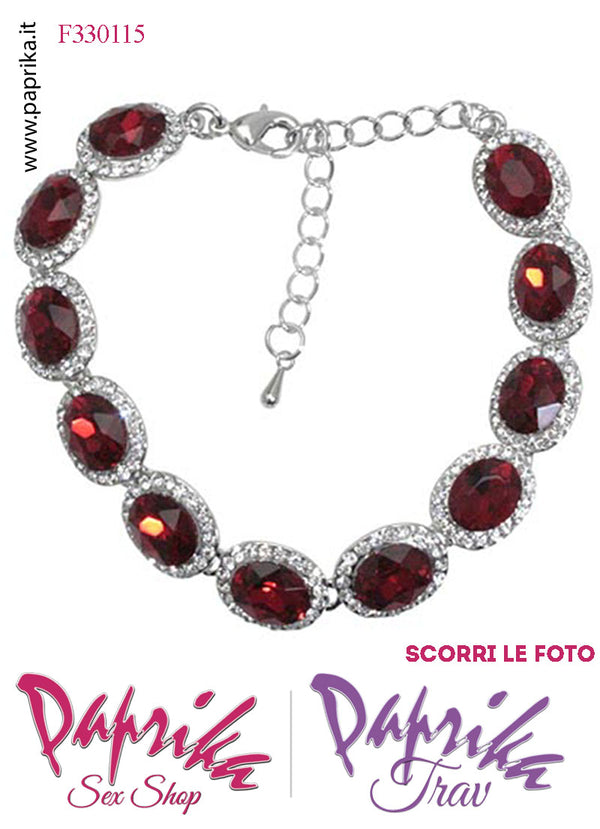 Braccialetto Bigiotteria Metallo Strass Rossi Ovali Catenella Regolabile