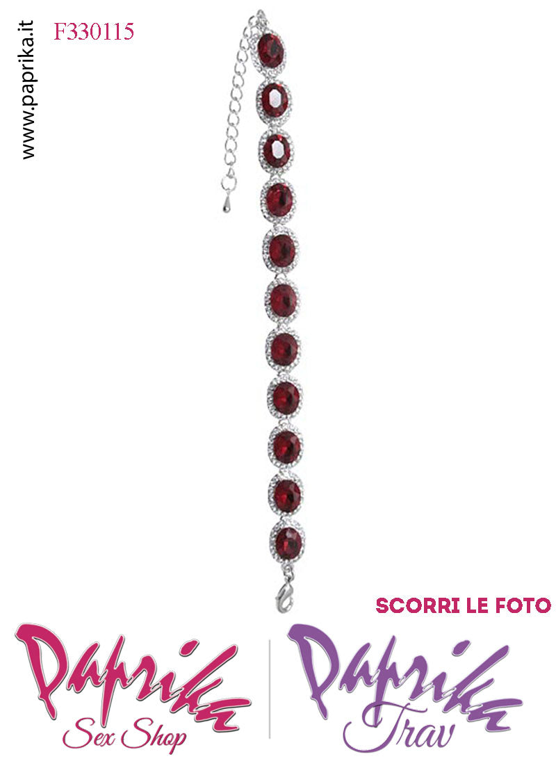 Braccialetto Bigiotteria Metallo Strass Rossi Ovali Catenella Regolabile