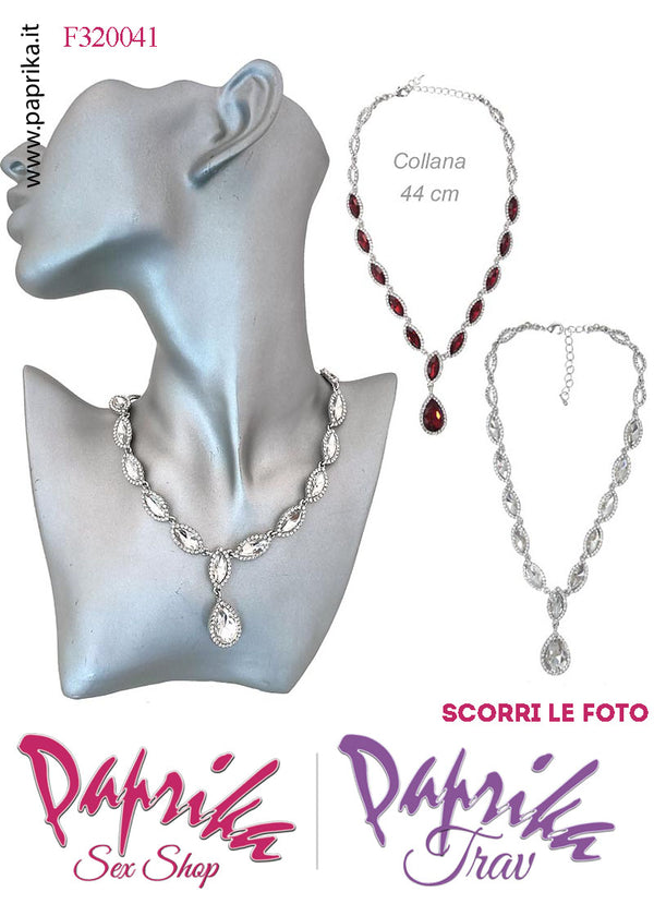 Collier Collana Bigiotteria Strass Ovali Grandi Rossi Catenella Regolazione