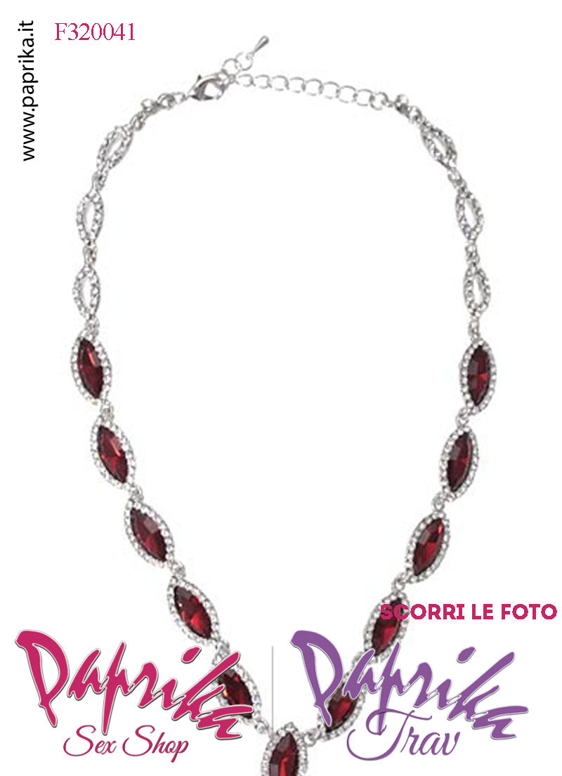 Collier Collana Bigiotteria Strass Ovali Grandi Rossi Catenella Regolazione