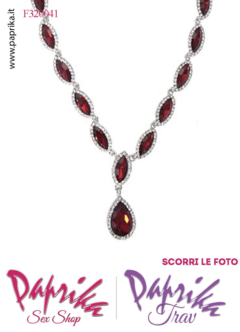 Collier Collana Bigiotteria Strass Ovali Grandi Rossi Catenella Regolazione