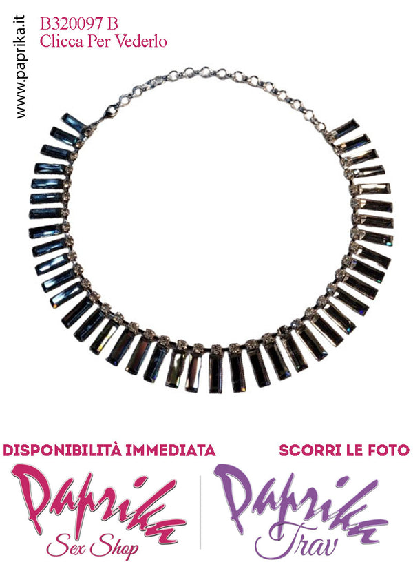 Collana Girocollo Strass Rettangolari Vetro Colore Nero Catenina Argento