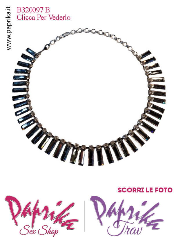 Collana Girocollo Strass Rettangolari Vetro Colore Nero Catenina Argento