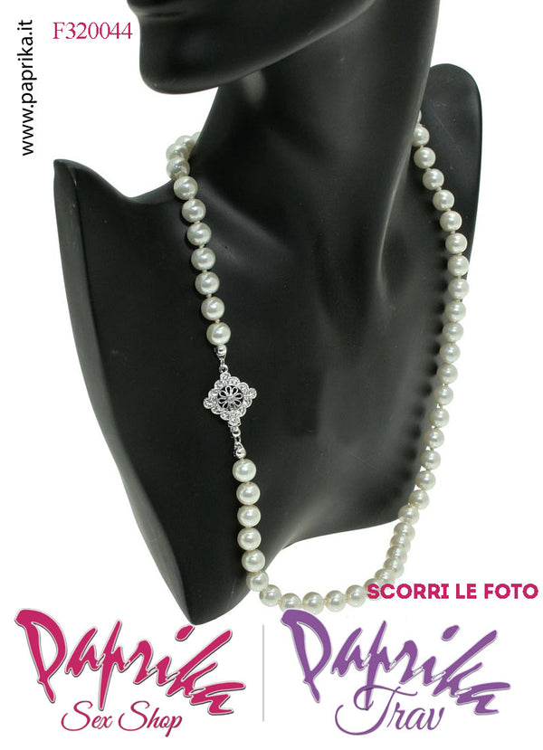 Collana Lunga 55 cm Perle Ø 8 mm Gioiello Rombo Strass Apertura Rapida