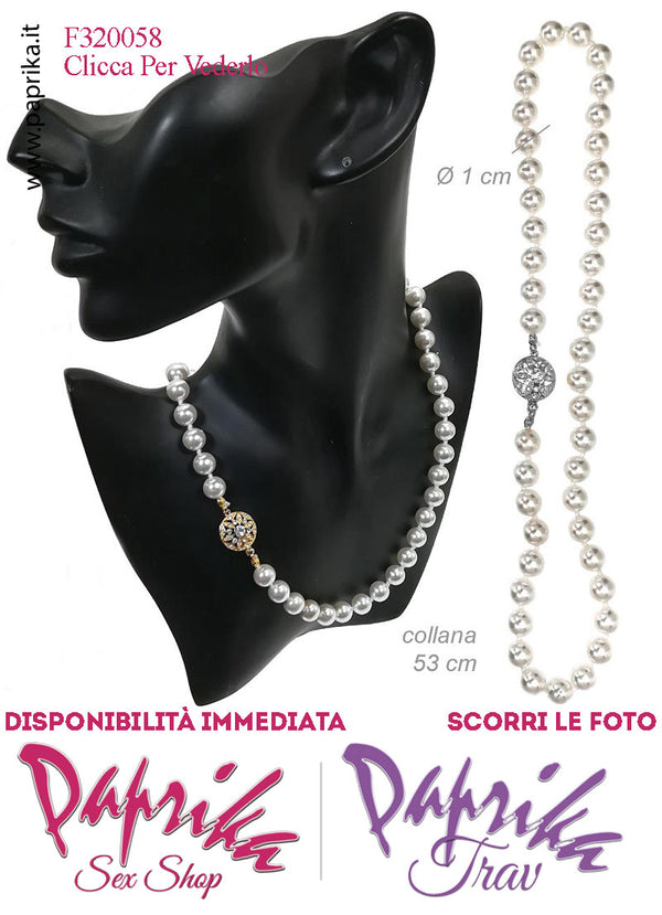 Collana Lunga 53 cm Perle Ø 1 cm Gioiello Rotondo Strass Apertura Rapida