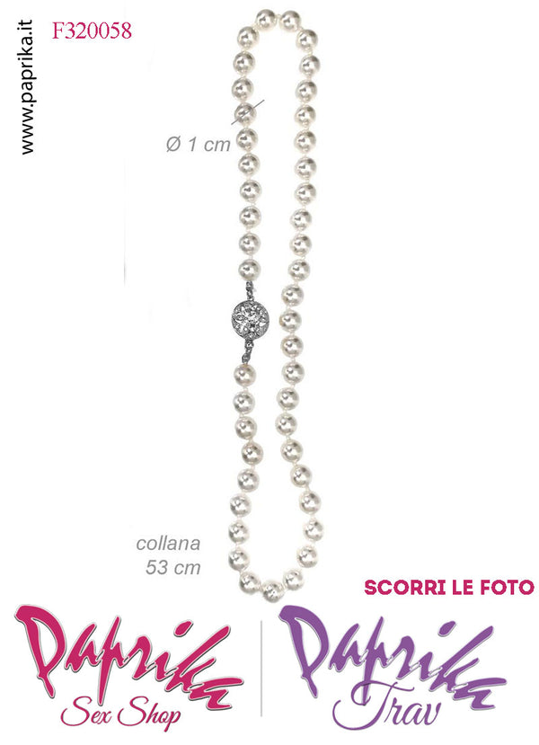 Collana Lunga 53 cm Perle Ø 1 cm Gioiello Rotondo Strass Apertura Rapida