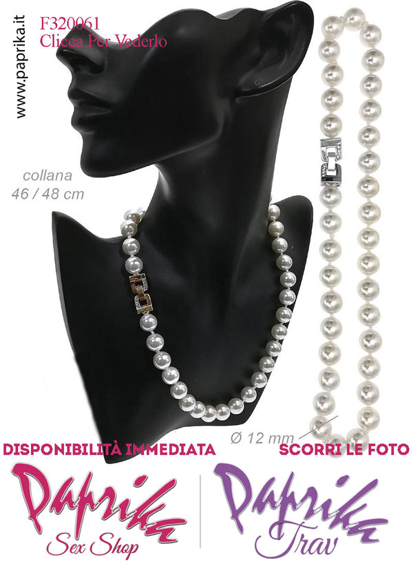 Collana Lunga 46/48 cm Perle Ø 12 mm Gioiello Rettangolare Strass Apertura Rapida