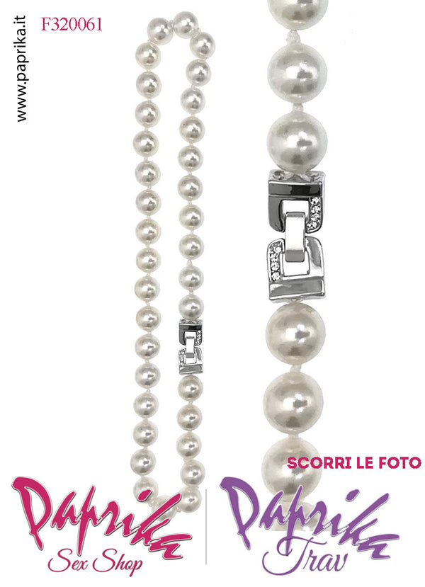 Collana Lunga 46/48 cm Perle Ø 12 mm Gioiello Rettangolare Strass Apertura Rapida