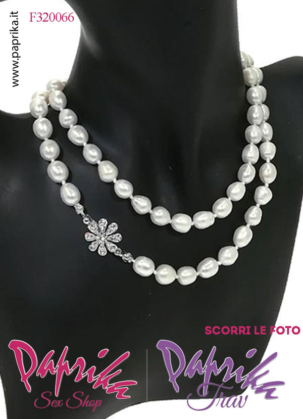 Collana Lunga 72 cm Perle Ø 9 mm Gioiello Fiore Strass Apertura Rapida