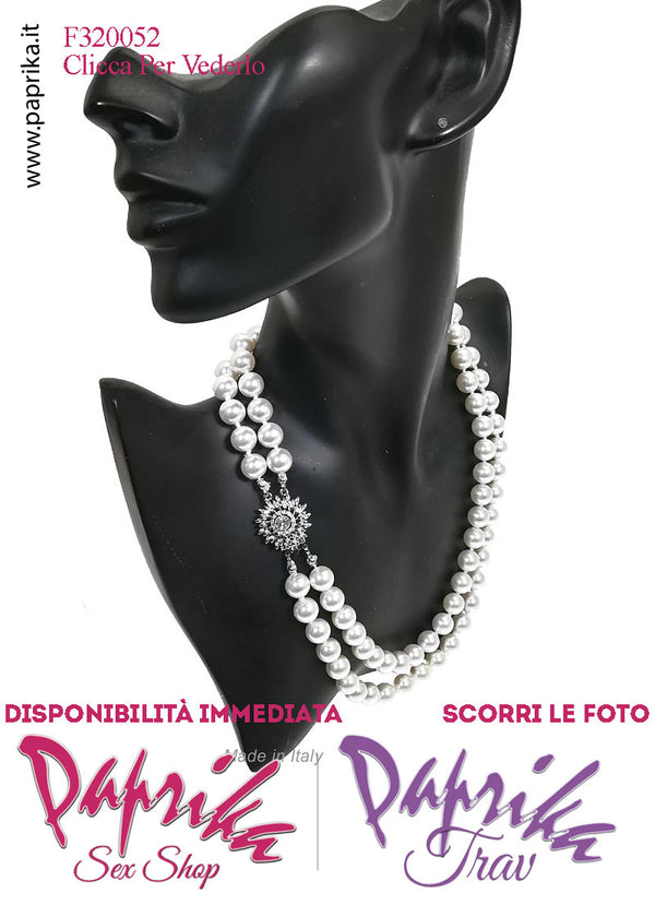 Collana Lunga 45/49 cm Perle Ø 1 cm Gioiello Rotondo Strass Apertura Rapida