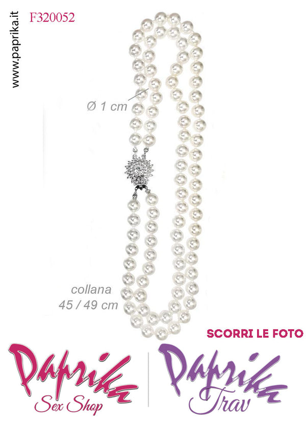 Collana Lunga 45/49 cm Perle Ø 1 cm Gioiello Rotondo Strass Apertura Rapida