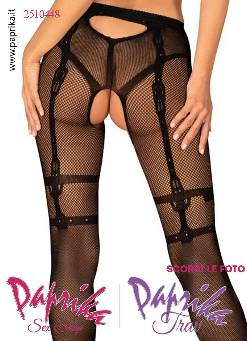 Collant Sexy Apertura Piccola Rete Lavorata Lavorazione Finto Reggicalze