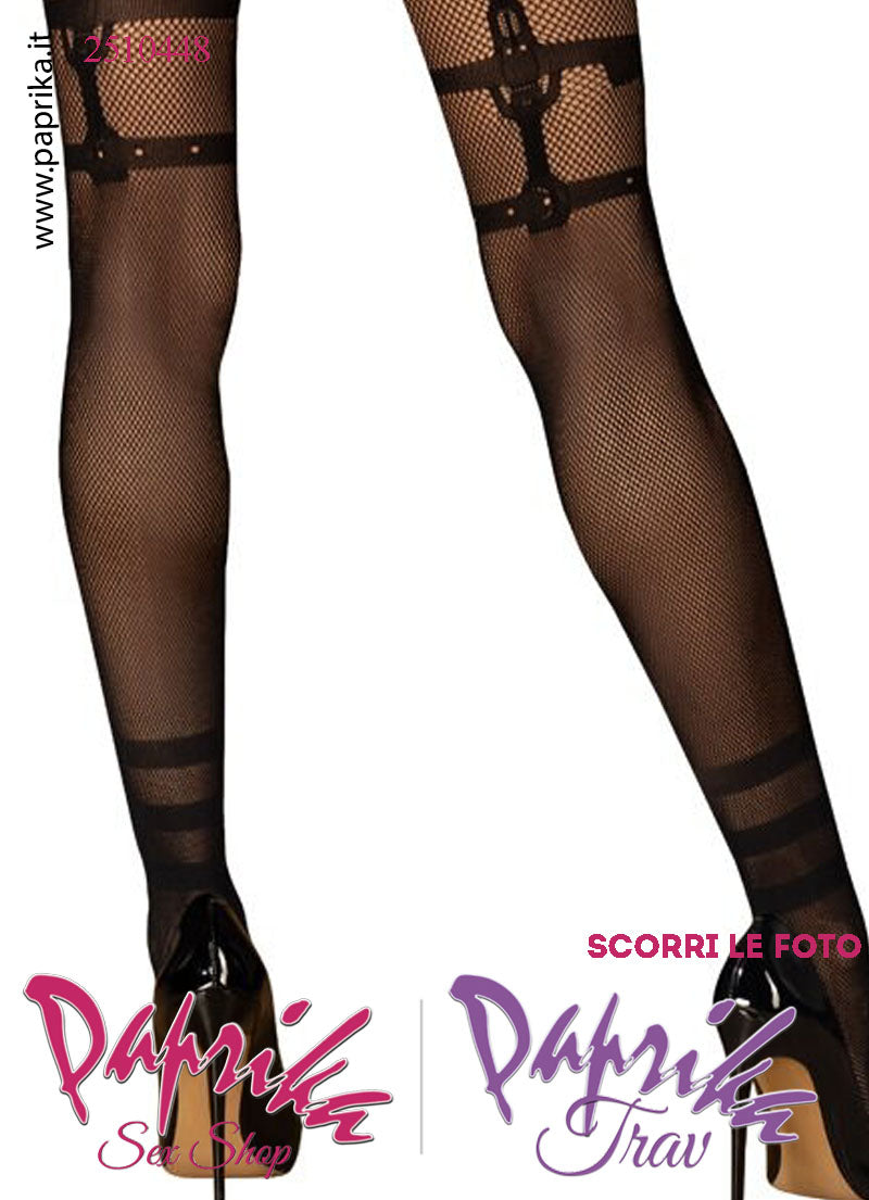 Collant Sexy Apertura Piccola Rete Lavorata Lavorazione Finto Reggicalze