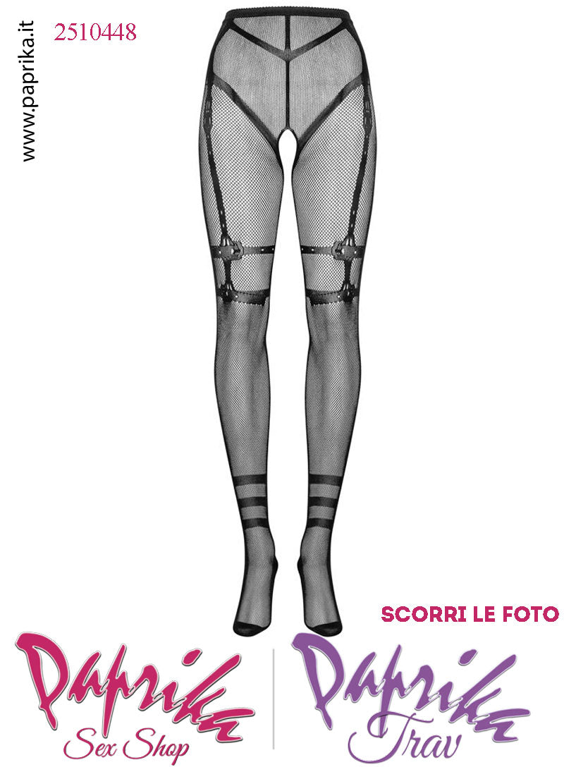 Collant Sexy Apertura Piccola Rete Lavorata Lavorazione Finto Reggicalze