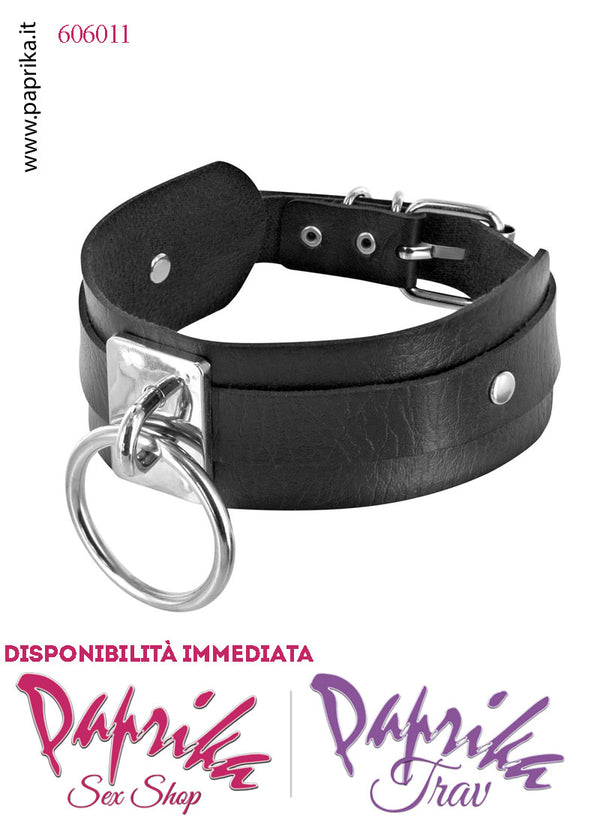 Collare EcoPelle Unisex Alto 44 mm Regolabile Anello Centrale Acciaio