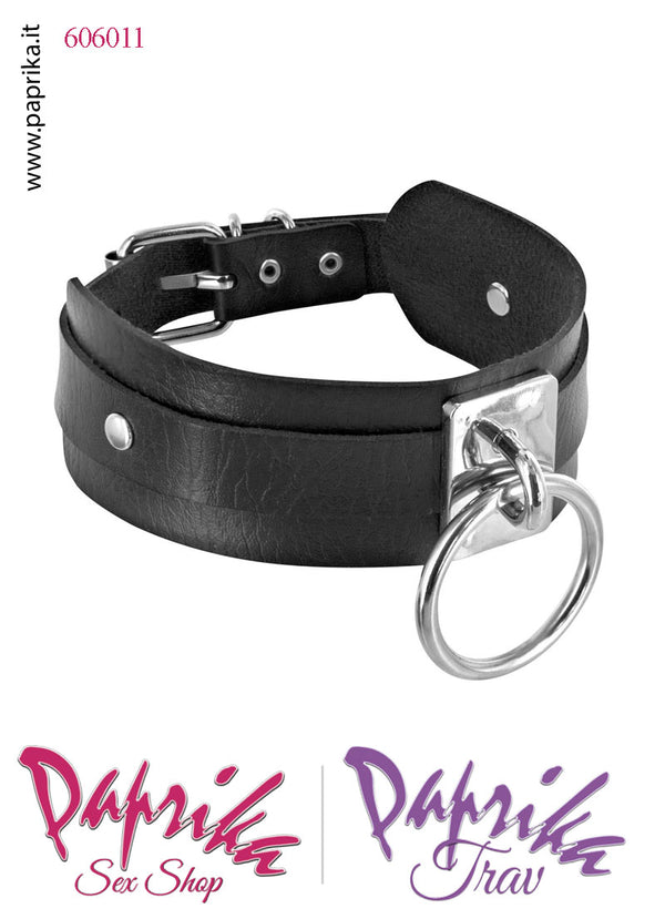 Collare EcoPelle Unisex Alto 44 mm Regolabile Anello Centrale Acciaio