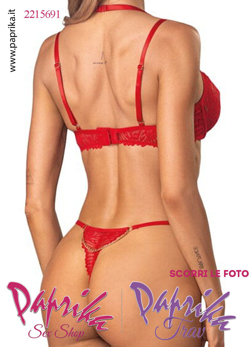 Completino Sexy Pizzo 2 Pezzi Reggiseno Perizoma Aperto Catenelle Oro