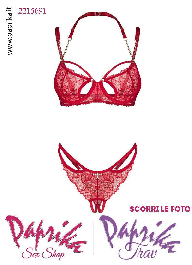 Completino Sexy Pizzo 2 Pezzi Reggiseno Perizoma Aperto Catenelle Oro