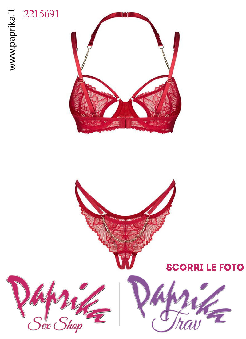 Completino Sexy Pizzo 2 Pezzi Reggiseno Perizoma Aperto Catenelle Oro