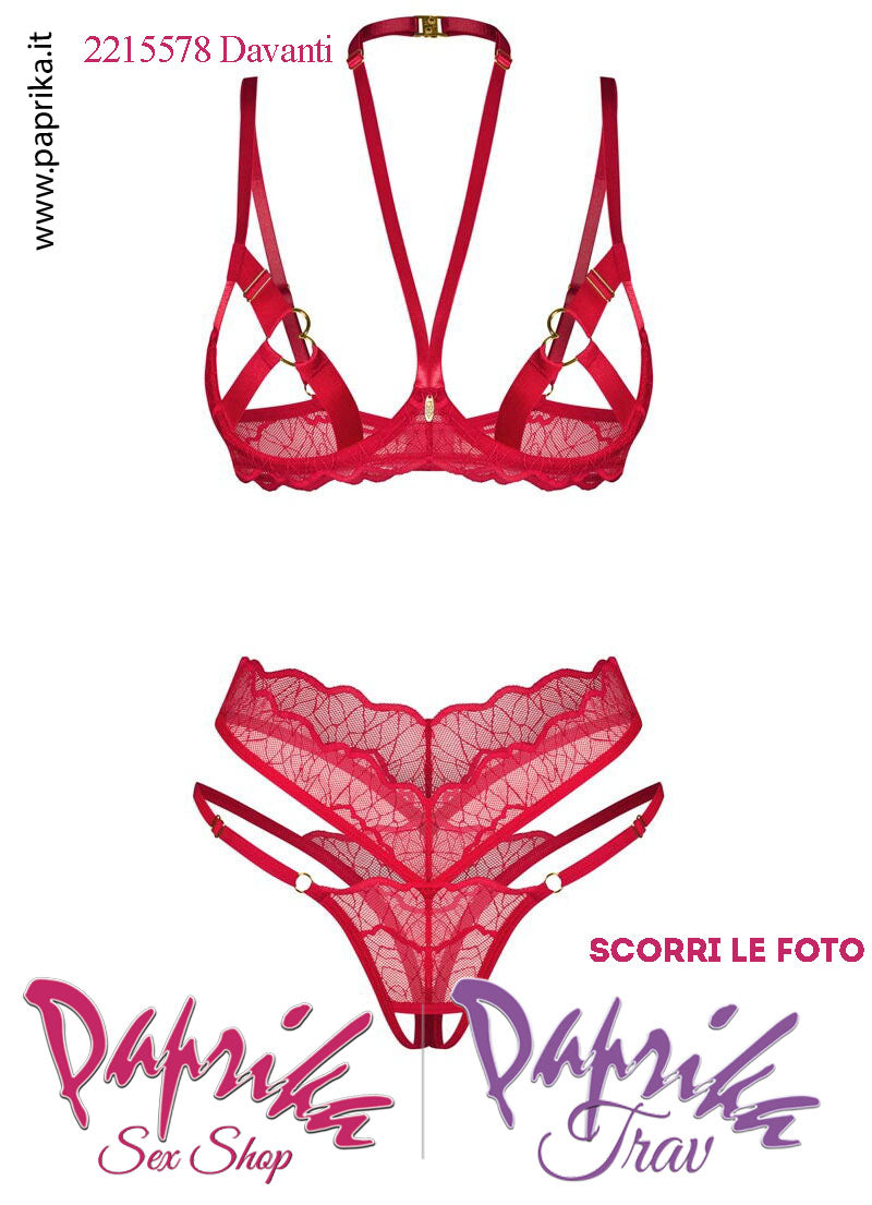 Completino Sexy Pizzo 2 Pezzi Seno Nudo Cuore Capezzoli Perizoma Aperto