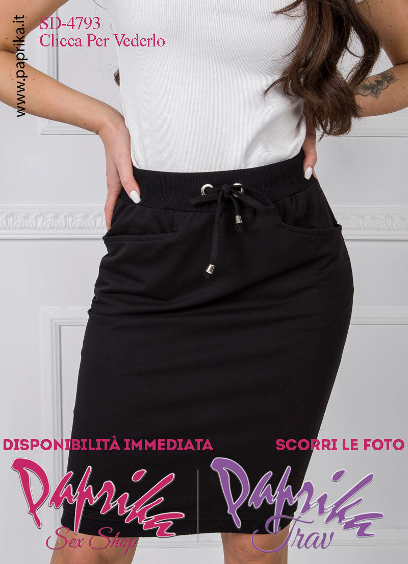 Gonna Longuette Nera Tasche Tessuto Elasticizzato Lunghezza 63 Spacco Dietro
