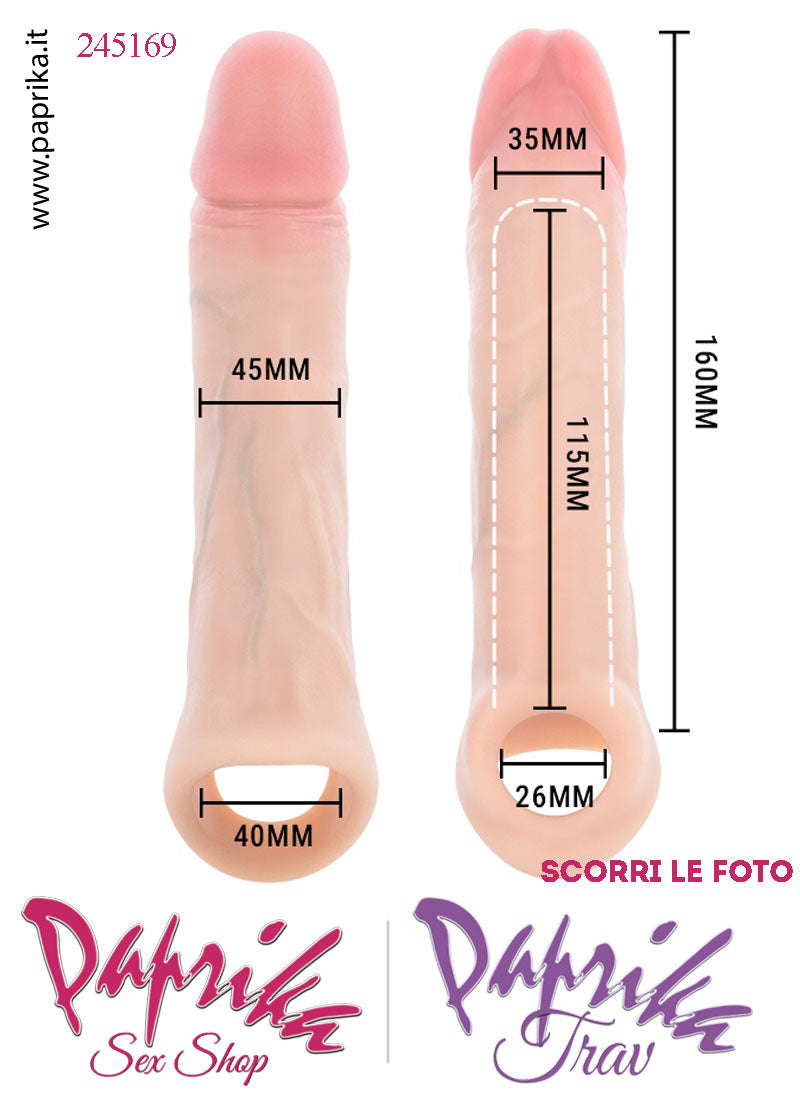 Prolunga Guaina Allungamento Pene 4.5 cm Silicone 16 cm Foro Testicoli