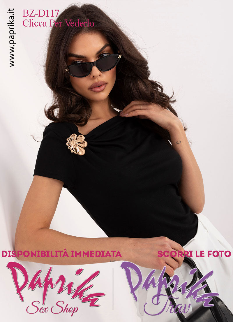 Maglietta Sexy Mezze Maniche Nera Elegante Applicazione Fiore Dorato