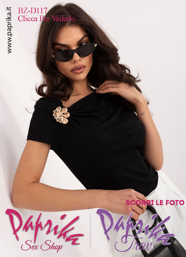 Maglietta Sexy Mezze Maniche Nera Elegante Applicazione Fiore Dorato