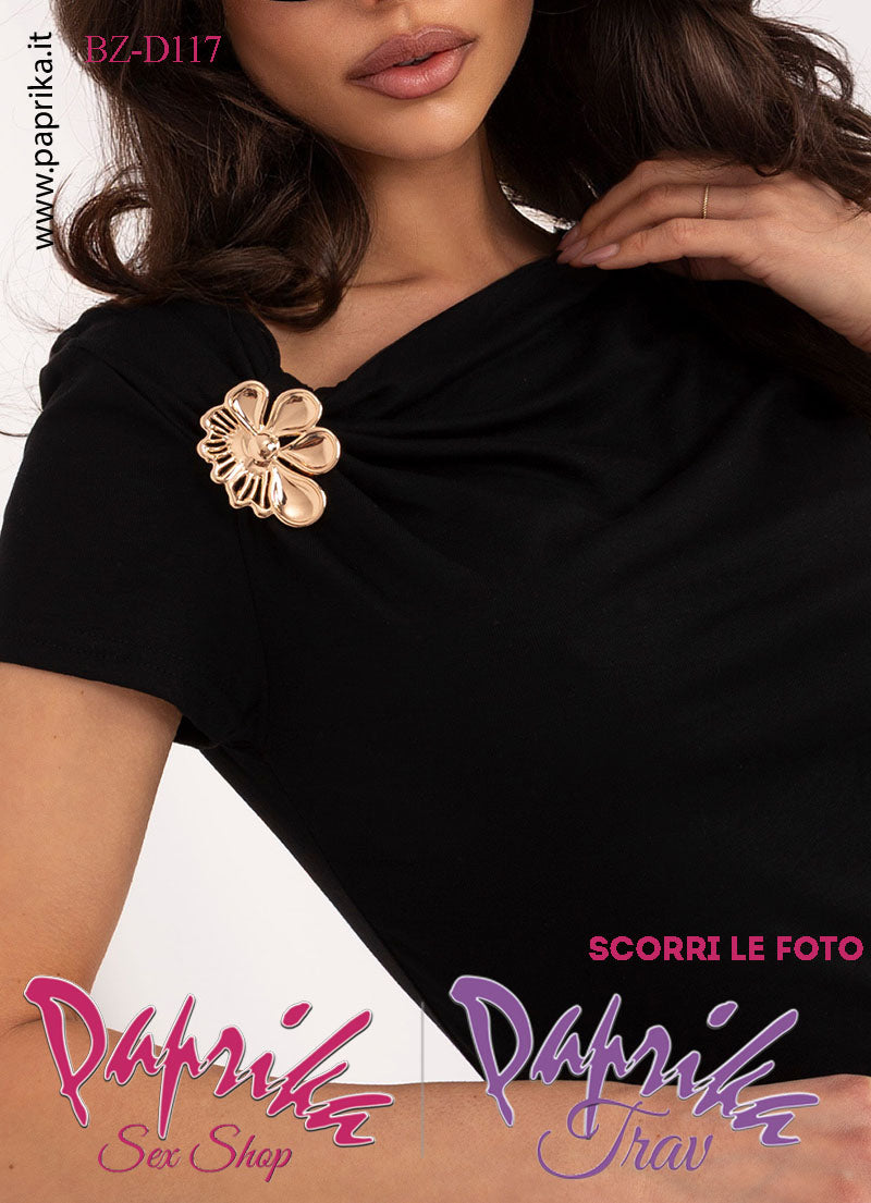 Maglietta Sexy Mezze Maniche Nera Elegante Applicazione Fiore Dorato