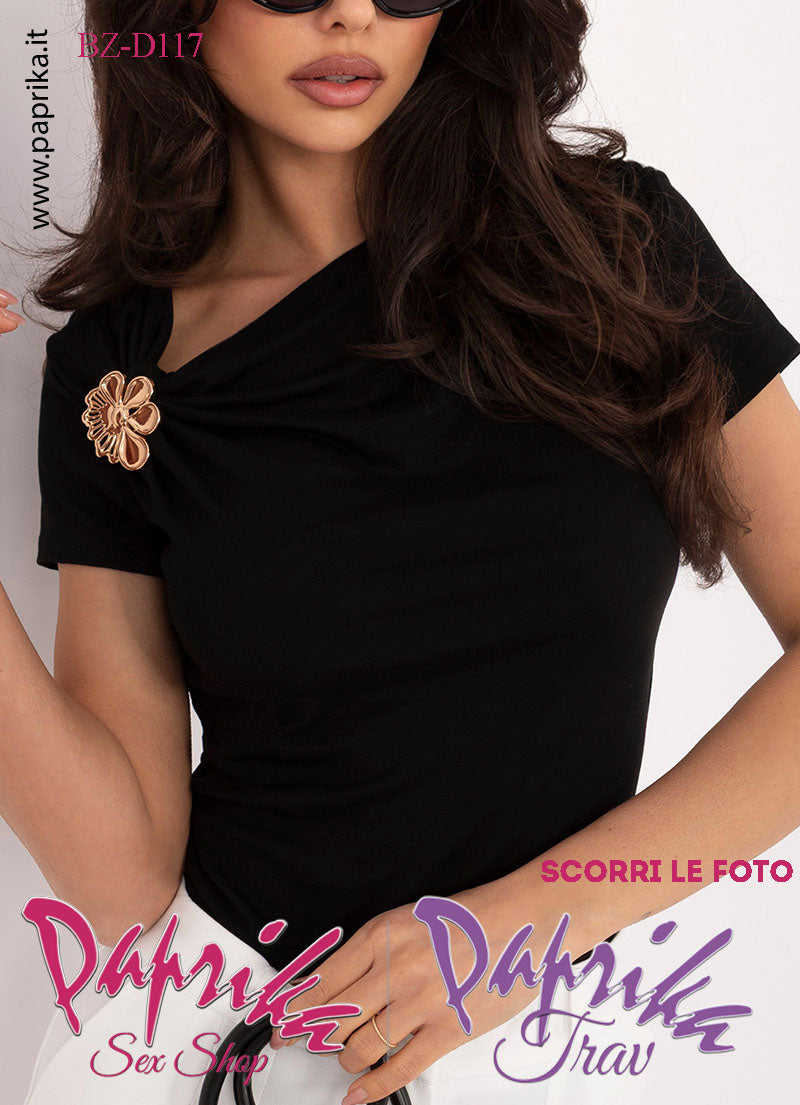 Maglietta Sexy Mezze Maniche Nera Elegante Applicazione Fiore Dorato