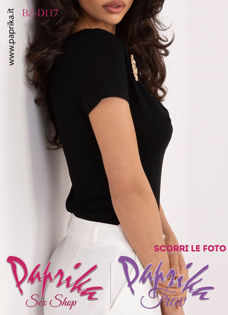 Maglietta Sexy Mezze Maniche Nera Elegante Applicazione Fiore Dorato