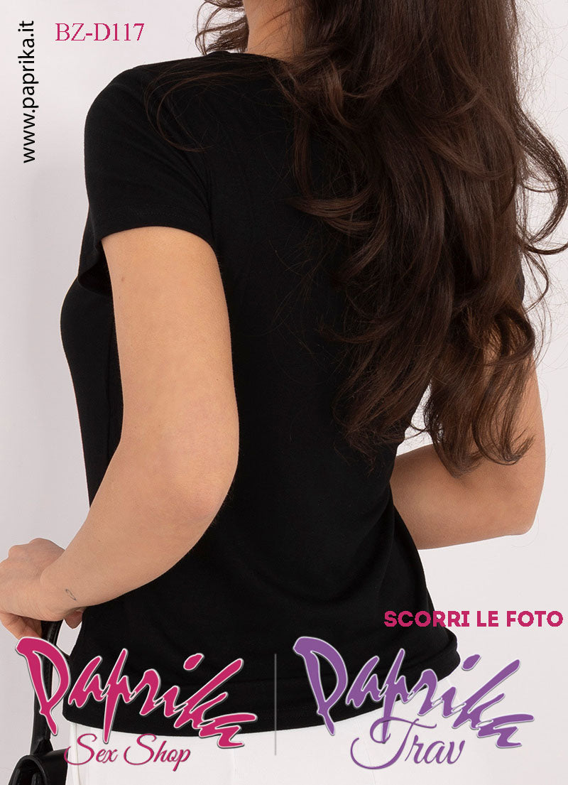 Maglietta Sexy Mezze Maniche Nera Elegante Applicazione Fiore Dorato