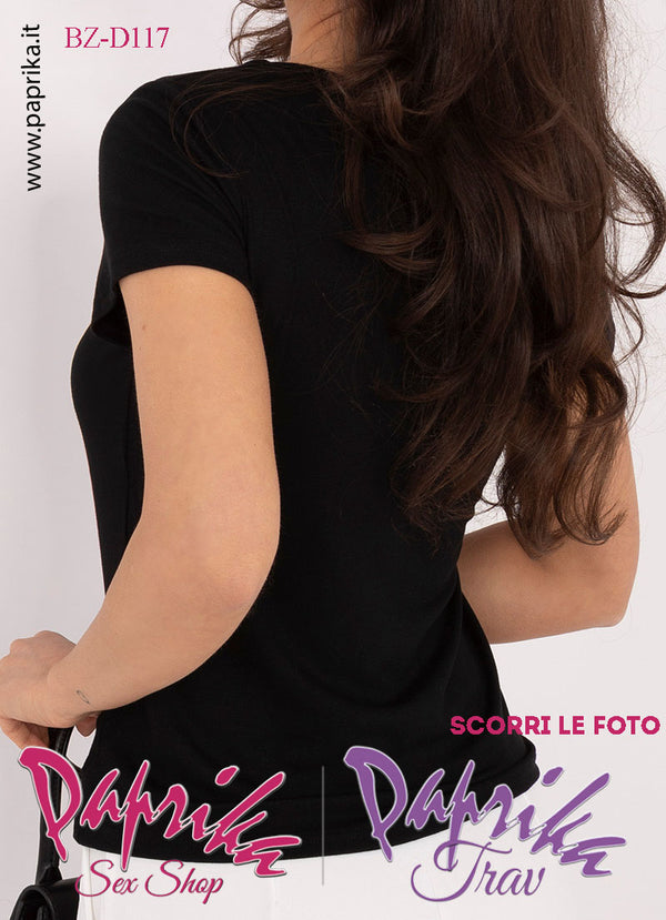 Maglietta Sexy Mezze Maniche Nera Elegante Applicazione Fiore Dorato