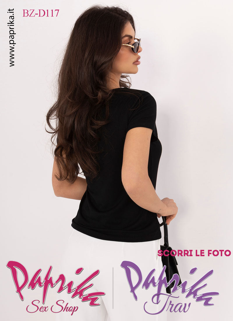 Maglietta Sexy Mezze Maniche Nera Elegante Applicazione Fiore Dorato