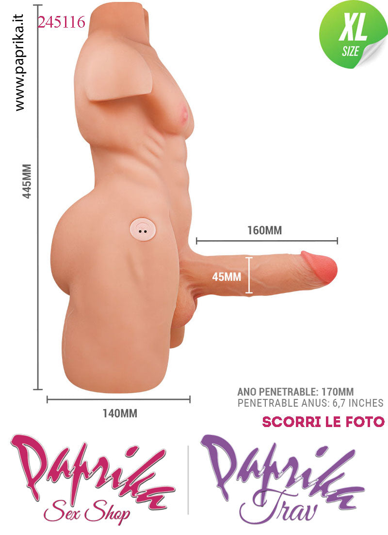 Busto Maschile Pene 16 cm Ø 45 Su & Giù Vibrante Telecomando Ano Penetrabile