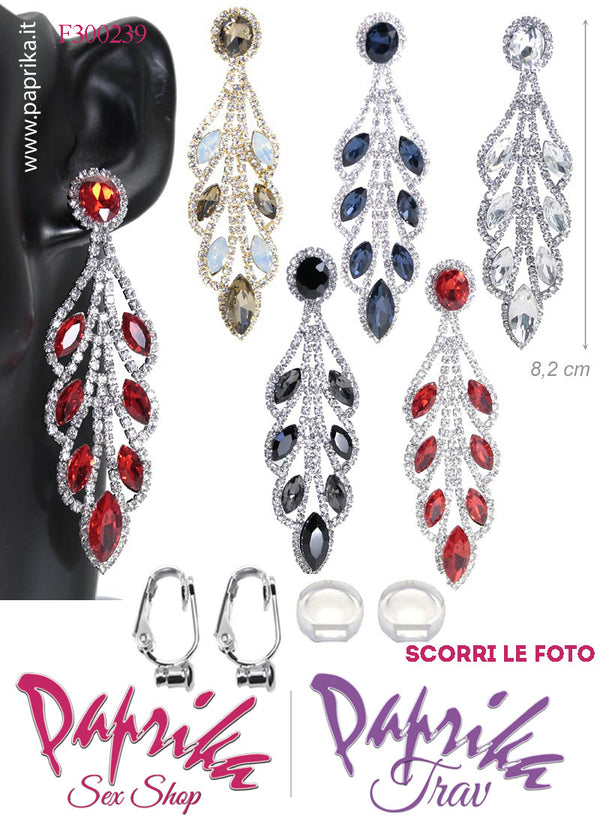Orecchini Pendenti Lunghi Strass Neri Metallo Perno Clip Omaggio