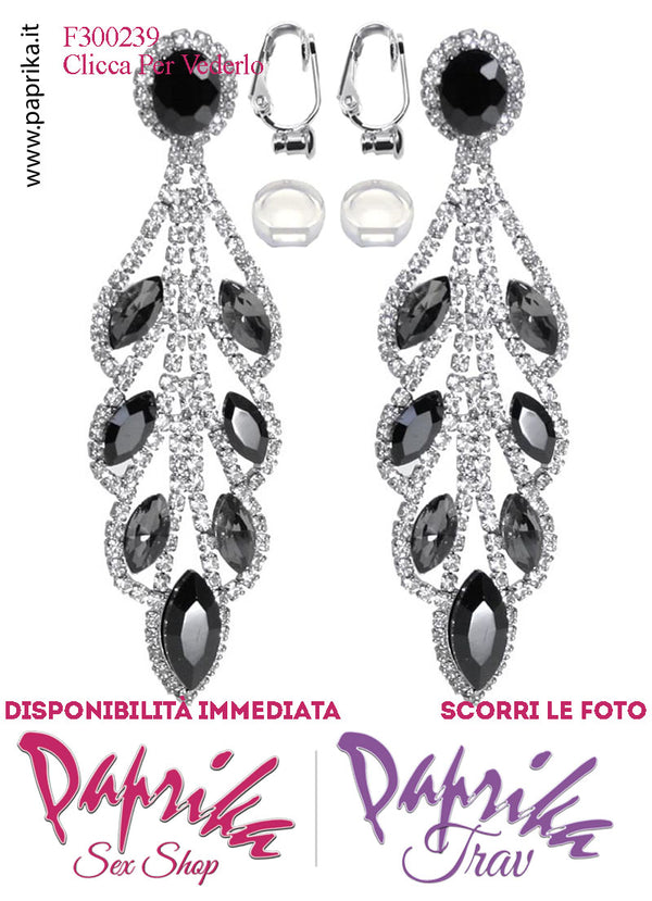 Orecchini Pendenti Lunghi Strass Neri Metallo Perno Clip Omaggio