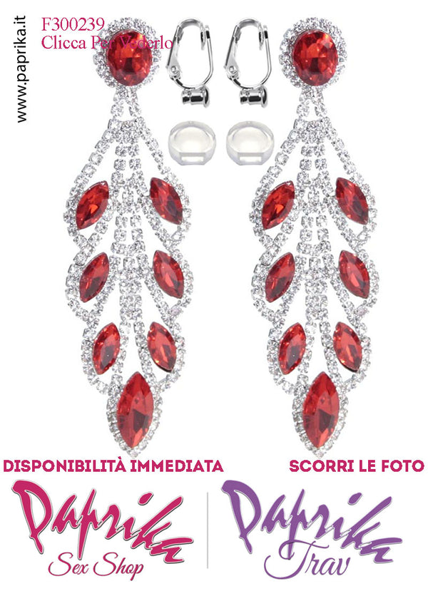 Orecchini Pendenti Lunghi Strass Rossi Metallo Perno Clip Omaggio