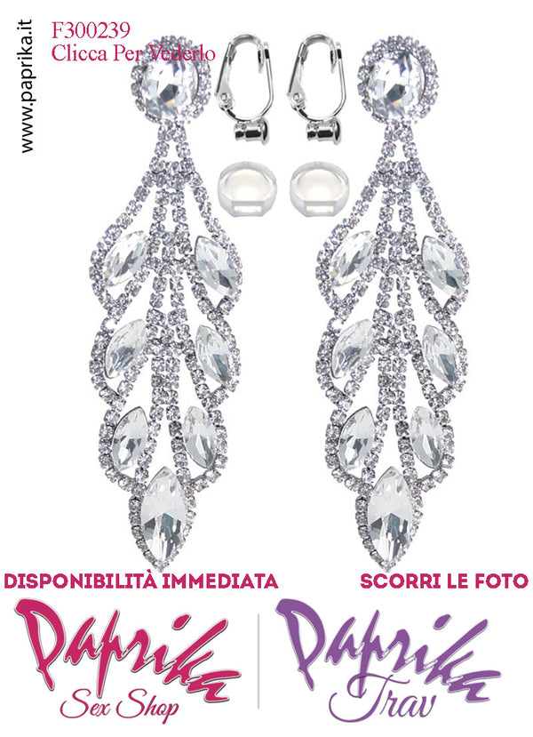 Orecchini Pendenti Lunghi Strass Trasparenti Metallo Perno Clip Omaggio