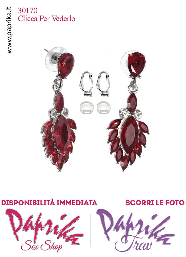 Orecchini Pendenti Fiore 5 cm Strass Rossi Metallo Perno Clip Omaggio