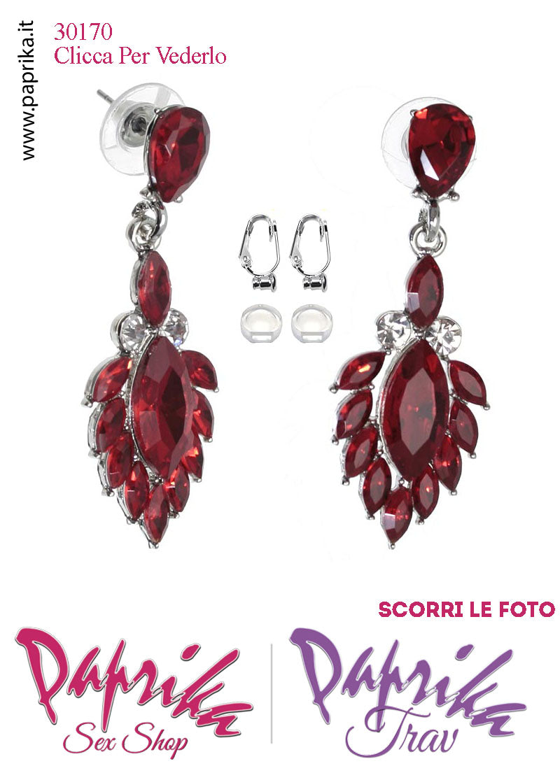 Orecchini Pendenti Fiore 5 cm Strass Rossi Metallo Perno Clip Omaggio
